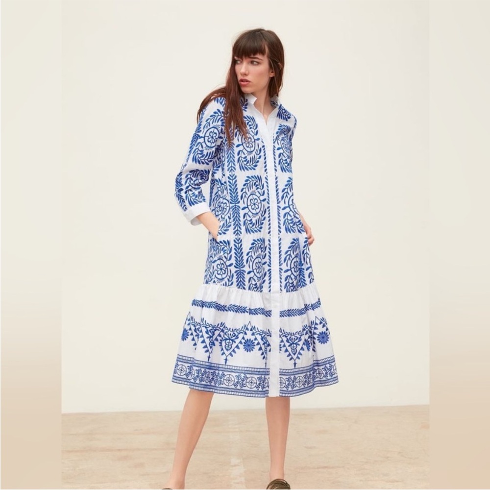 Blue and White Embroidered Zara Women's Midi Dress
